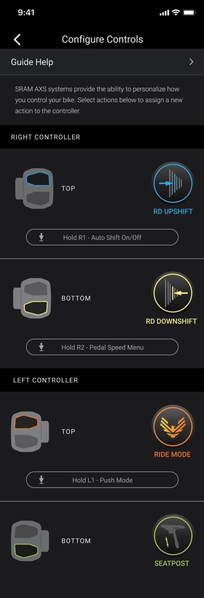 De toewijzing van de podknoppen kan worden geselecteerd en aangepast via de AXS-app.